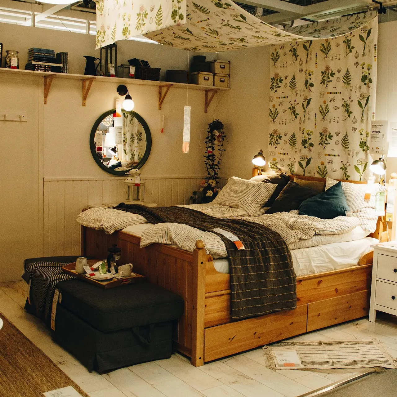Wooden bed frame with a plain mattress and headboard