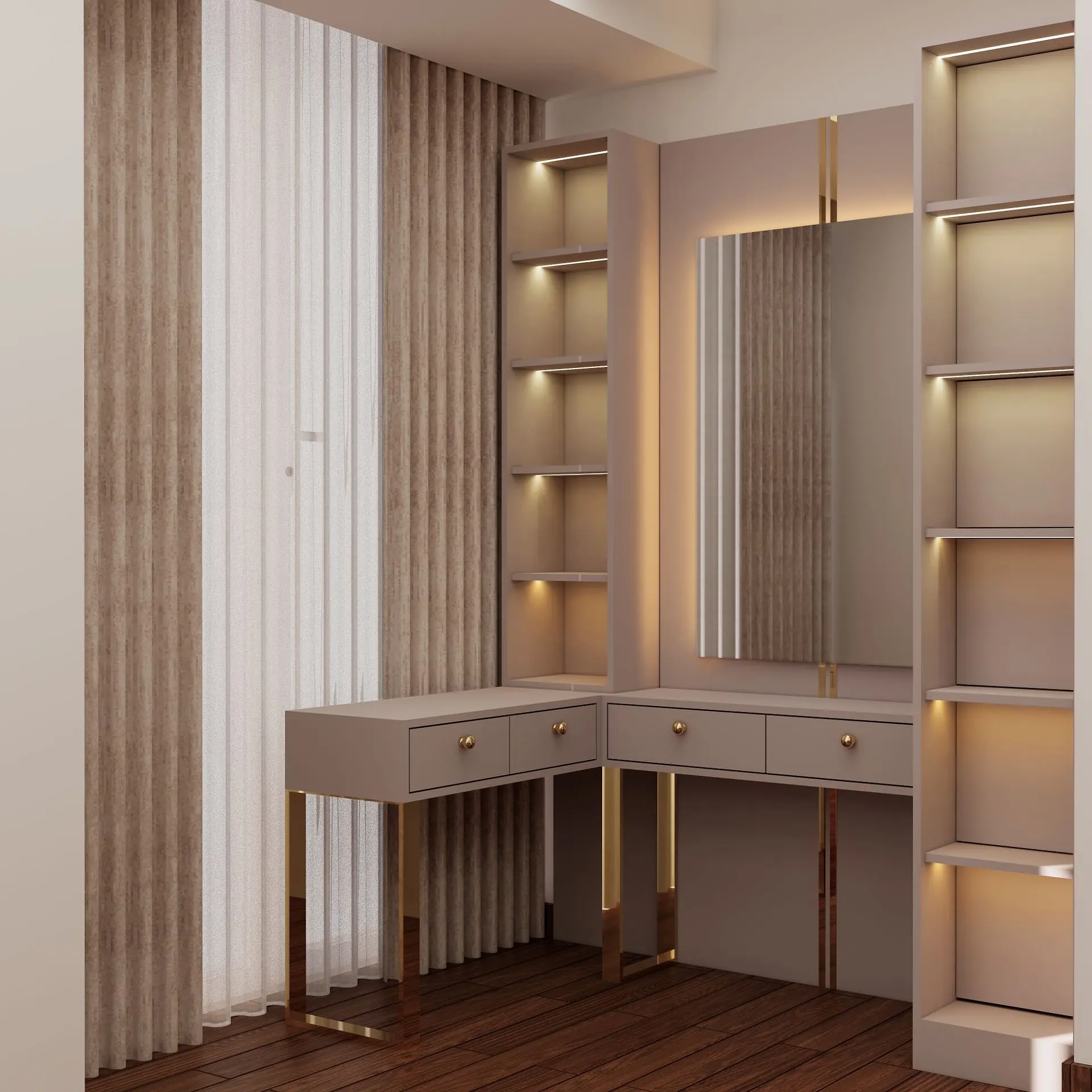 Modern dressing table with a large framed mirror