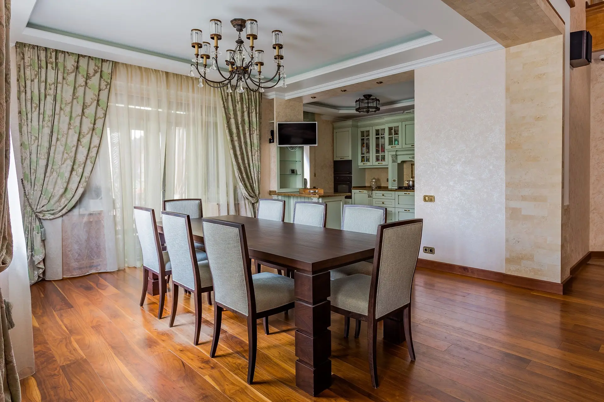 Dining area adjoining a compact kitchen