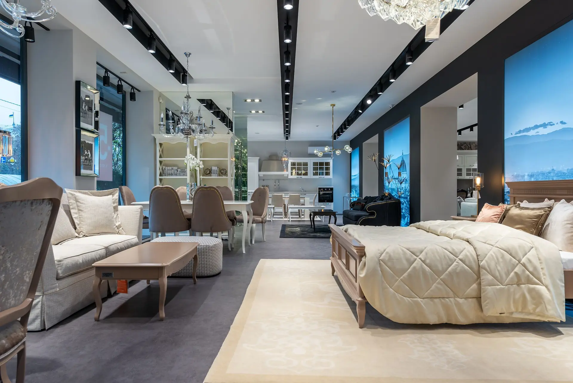 Showroom display of bedroom and living room furniture