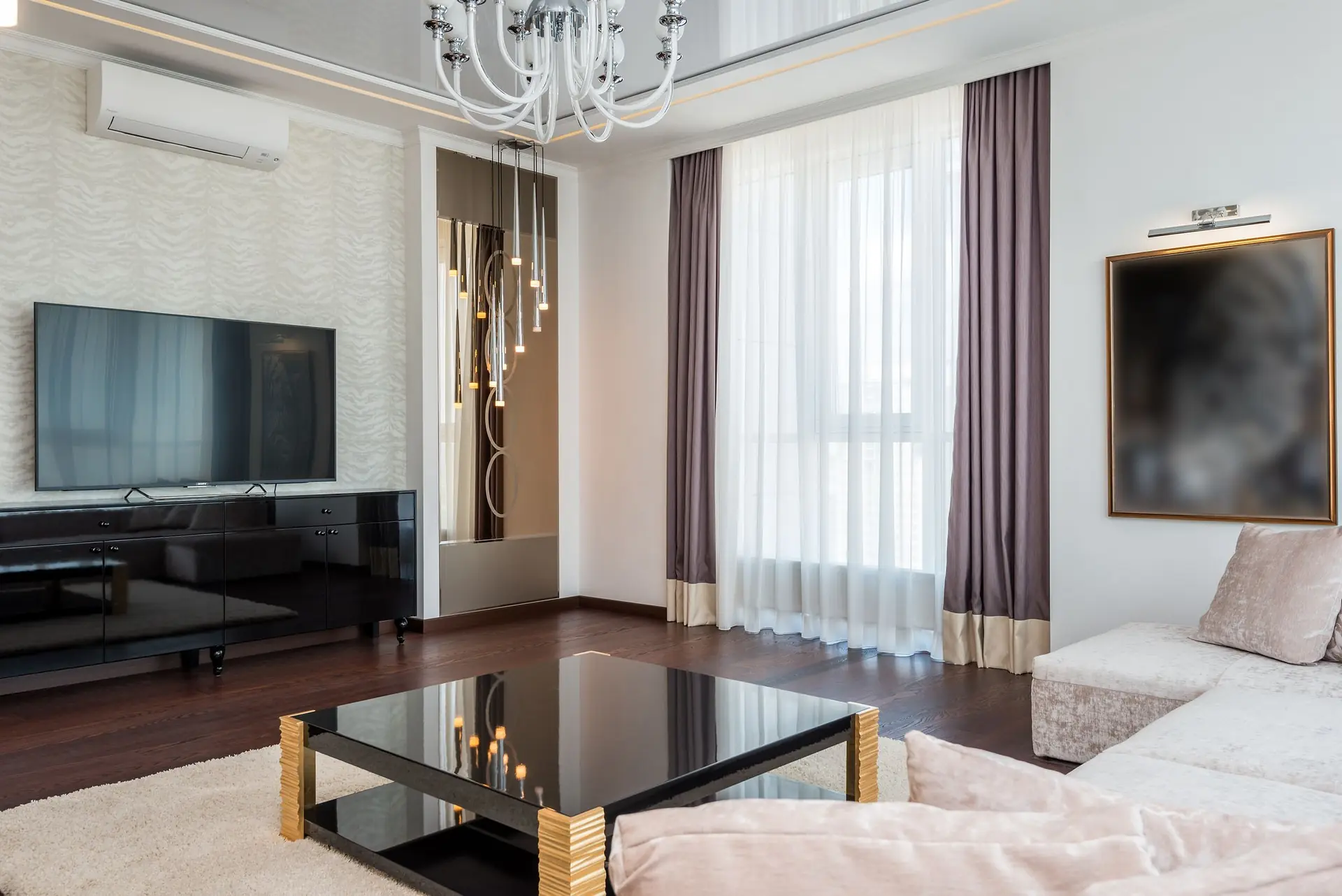 Minimalist living room with a low sofa and neutral palette