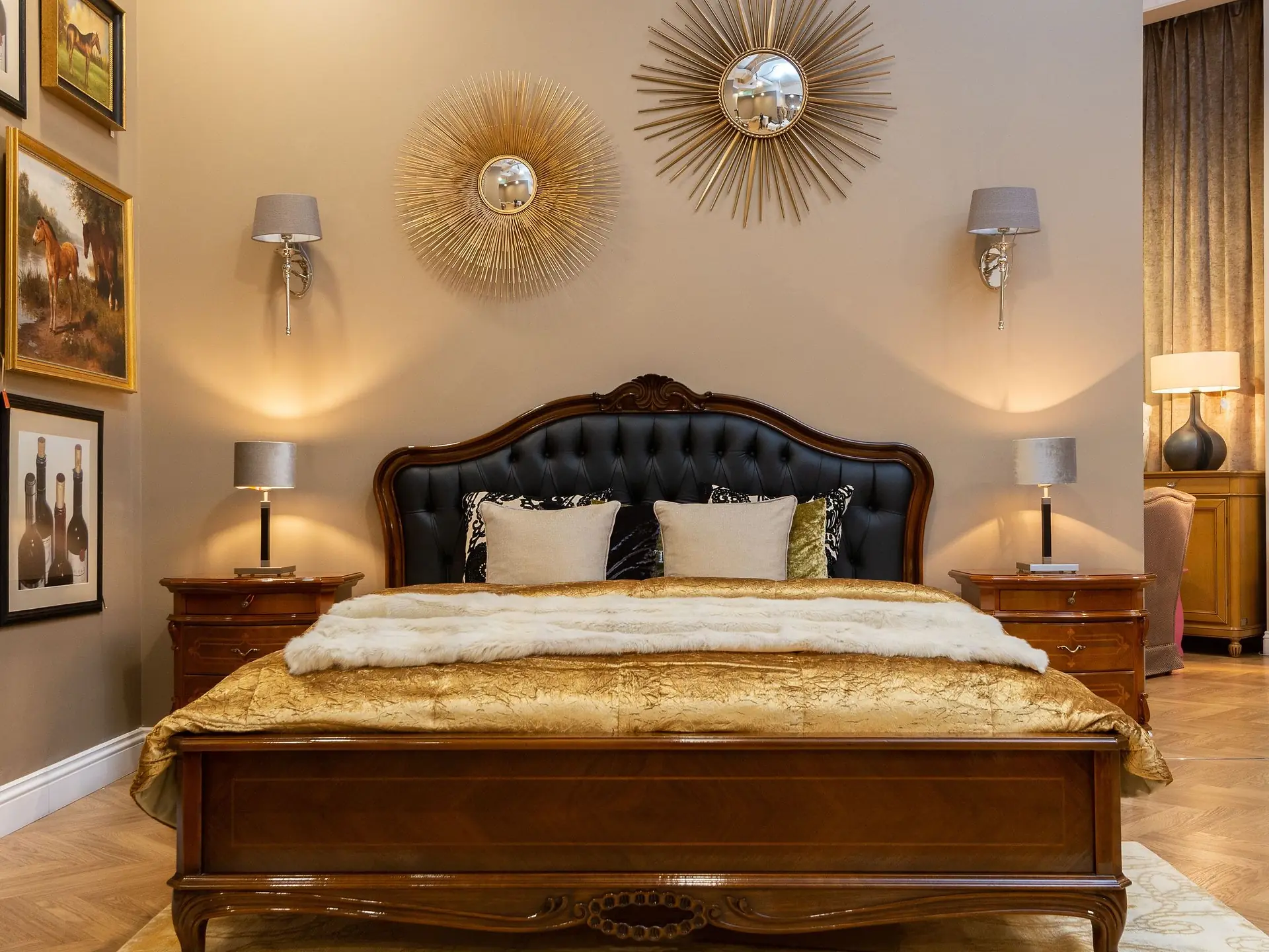 Bedroom arrangement with bed, side tables and lamps