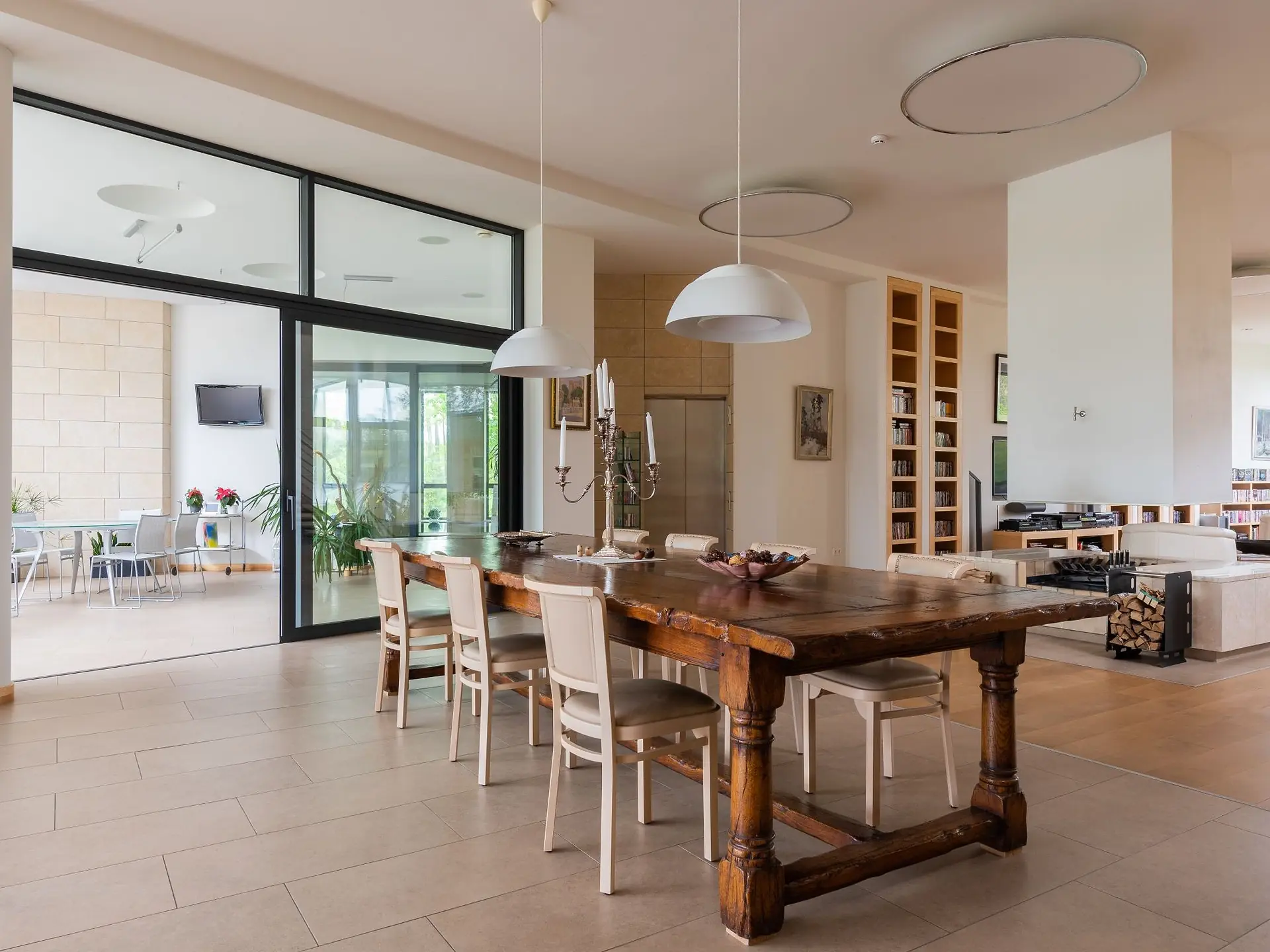 Dining room with a wooden table and upholstered chairs