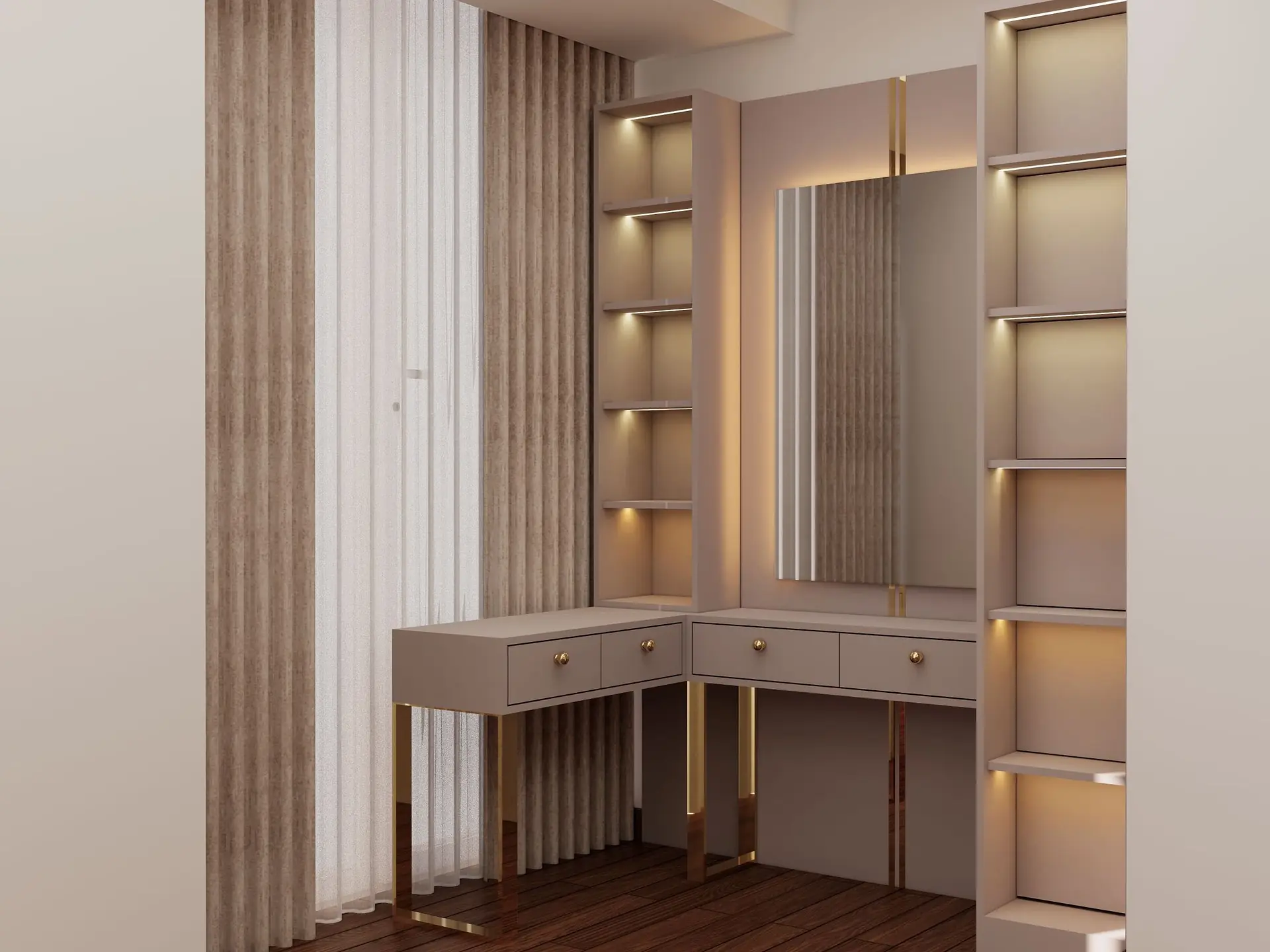 Dressing table with a large mirror and drawers