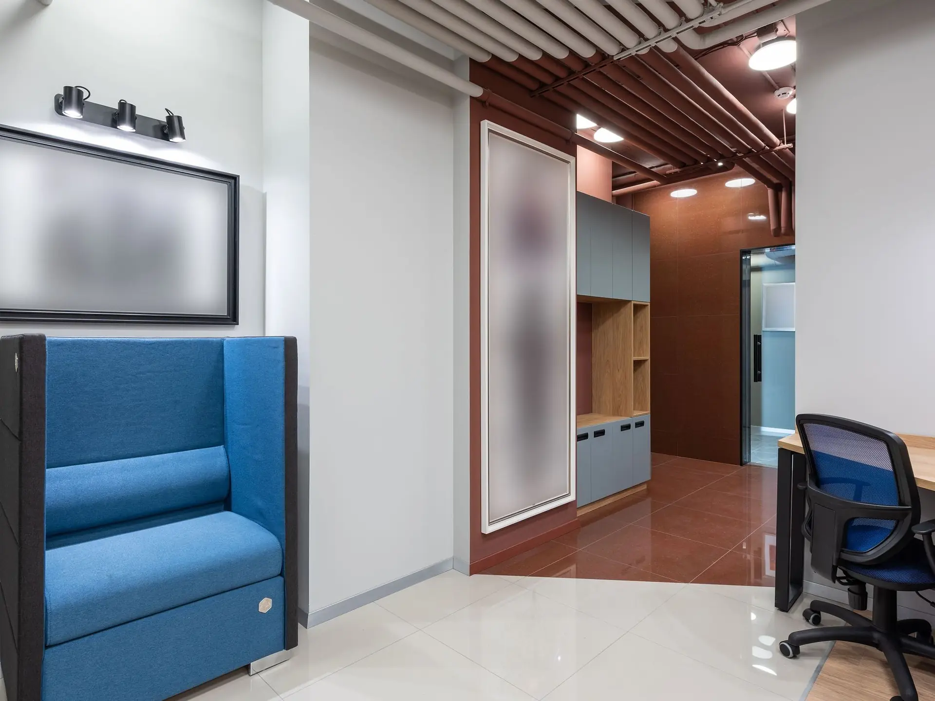 Business office interior with a desk and seating
