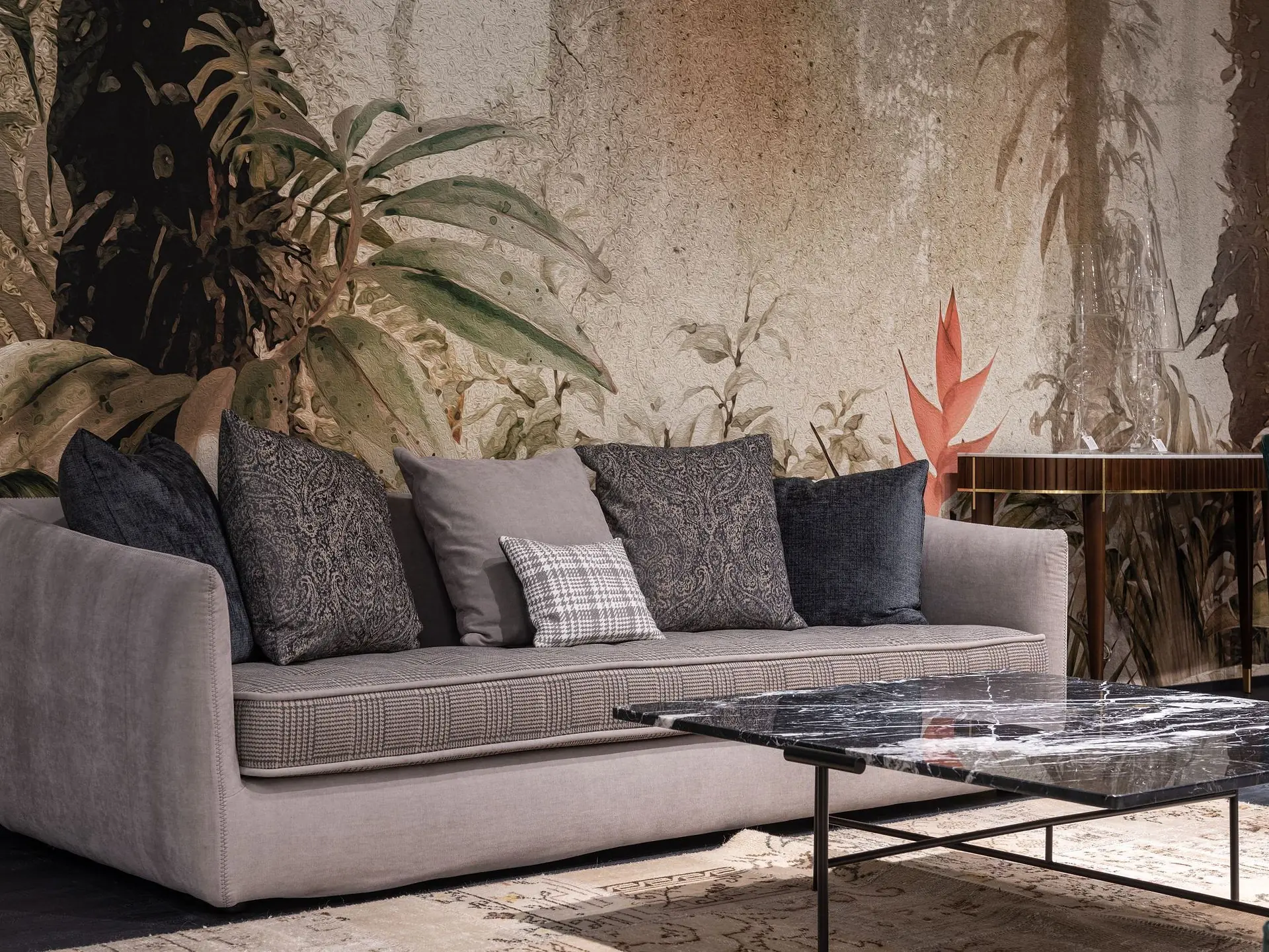 Three-seat sofa with scatter cushions in a living room