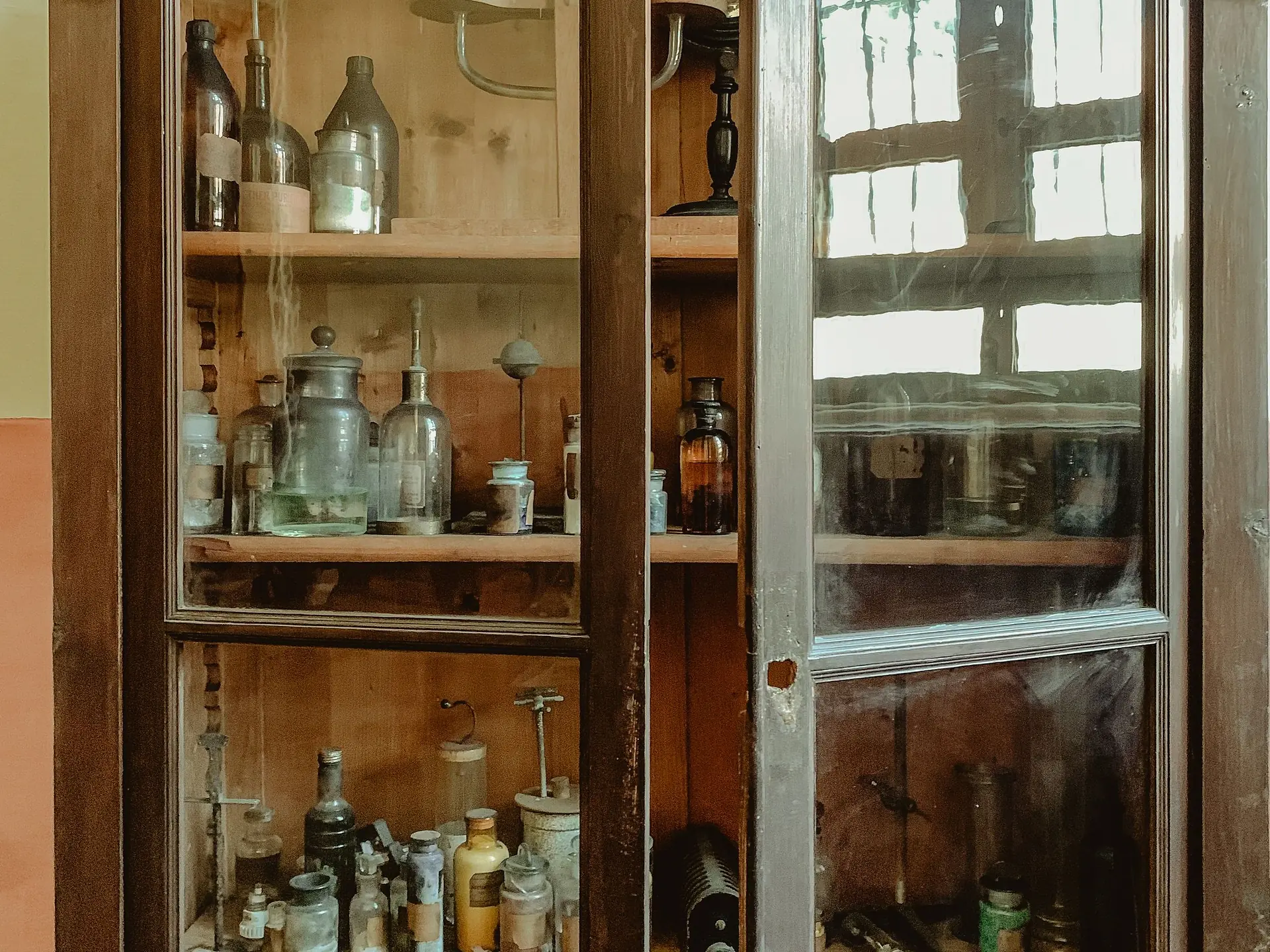 Wooden framed glass display cabinet