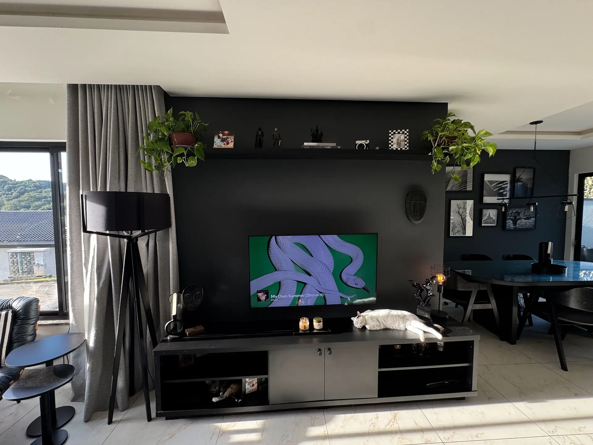 Sleek black television unit in a modern living room