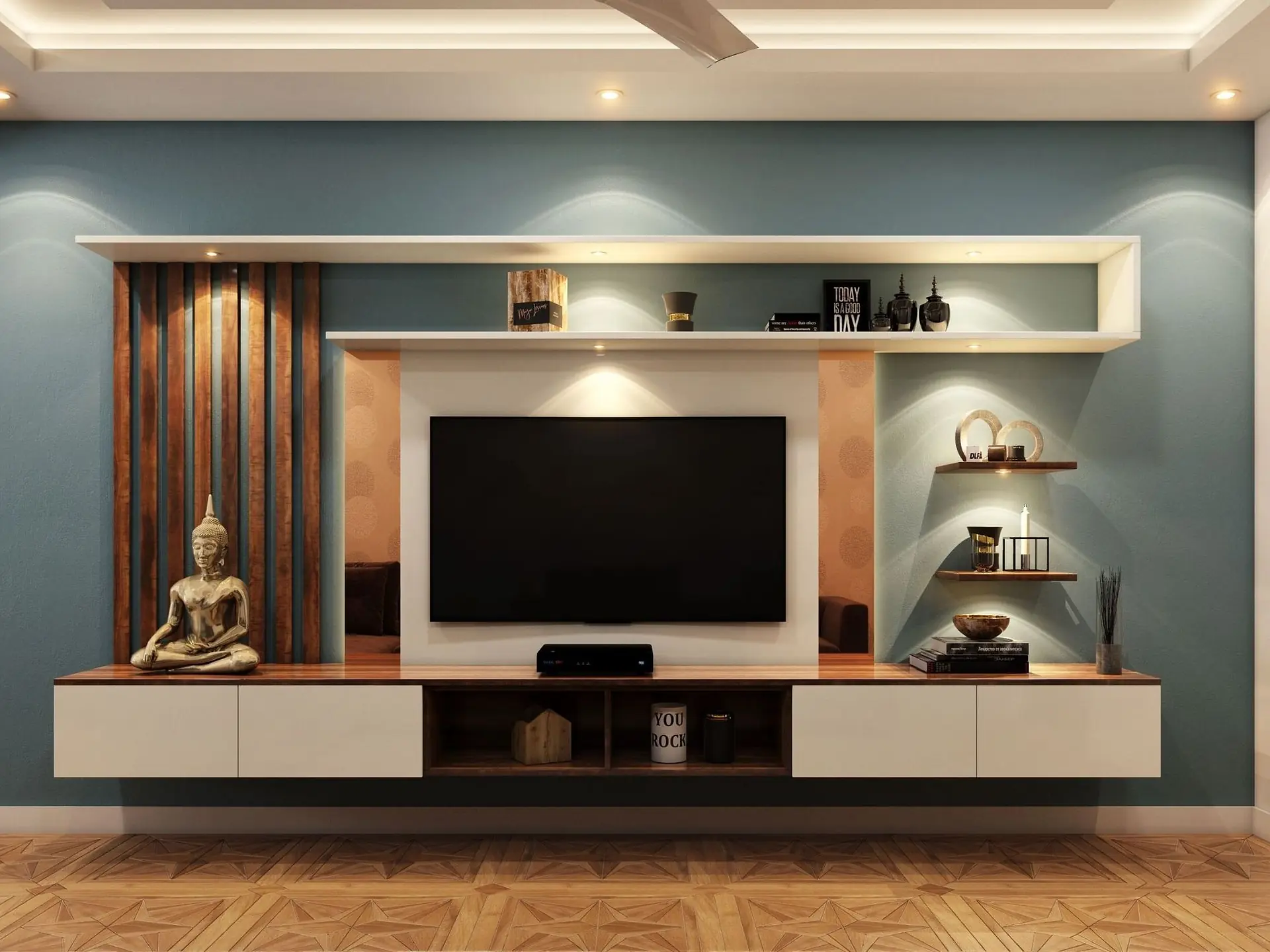 Living room entertainment area with a wall-mounted screen