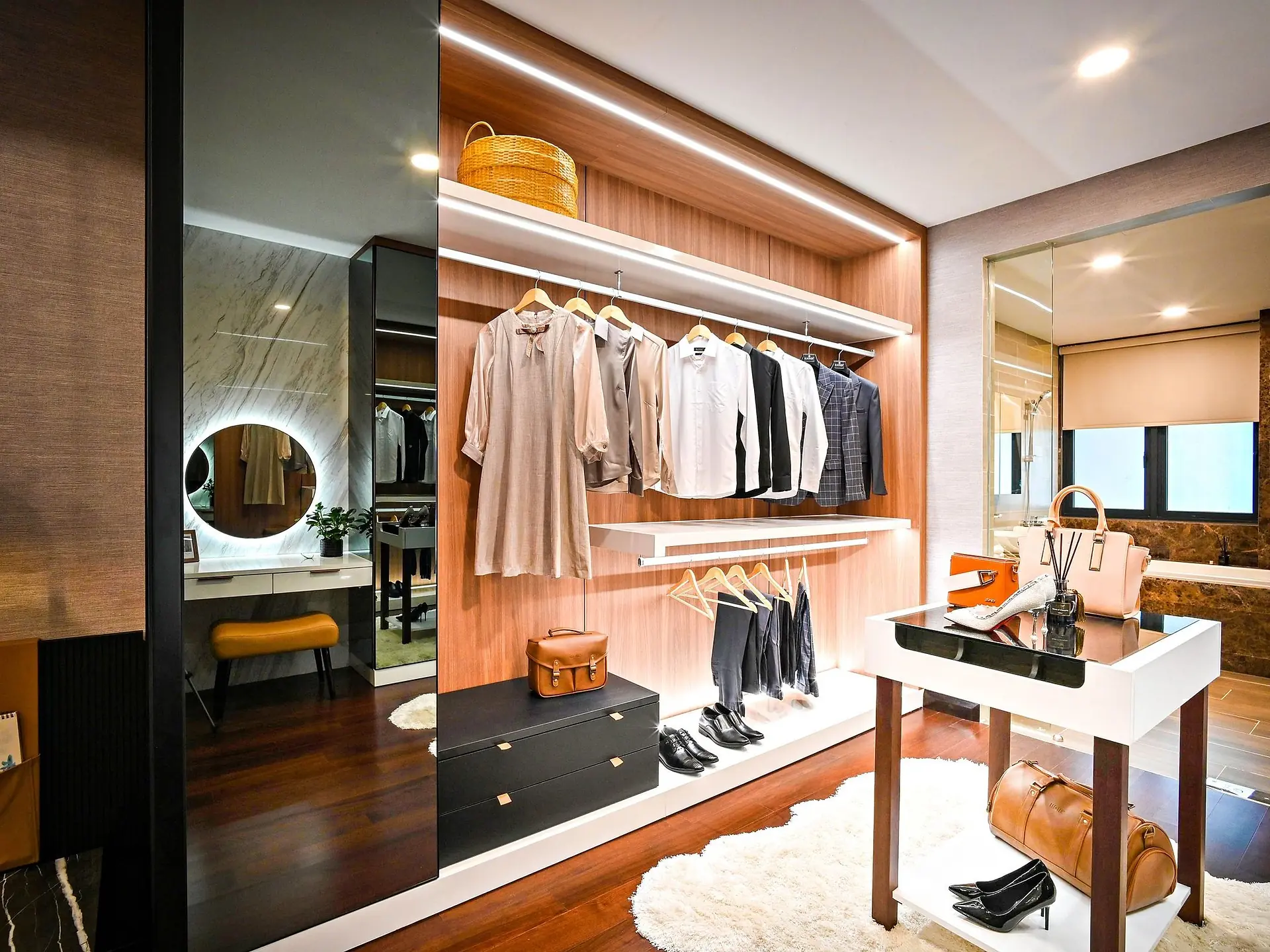 Walk-in closet with open shelving and hanging rails