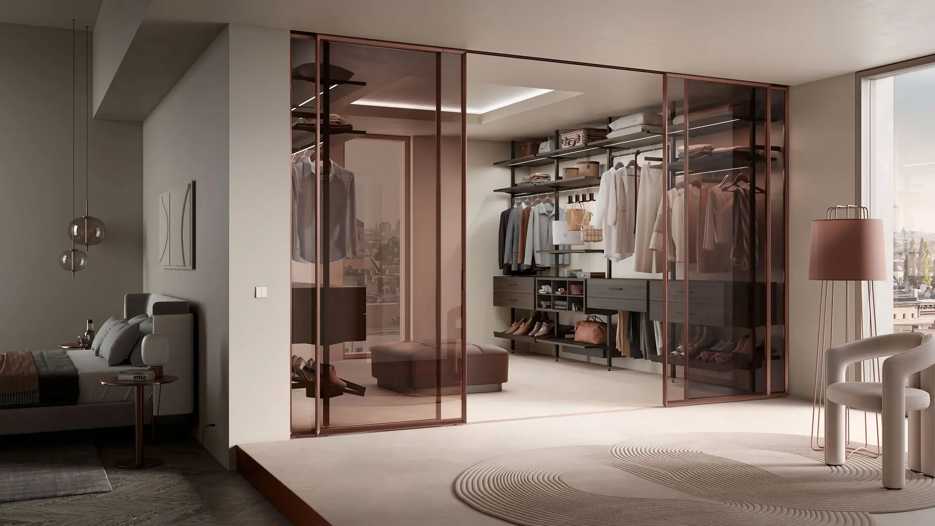 Walk-in wardrobe with open hanging sections, drawers and shelving