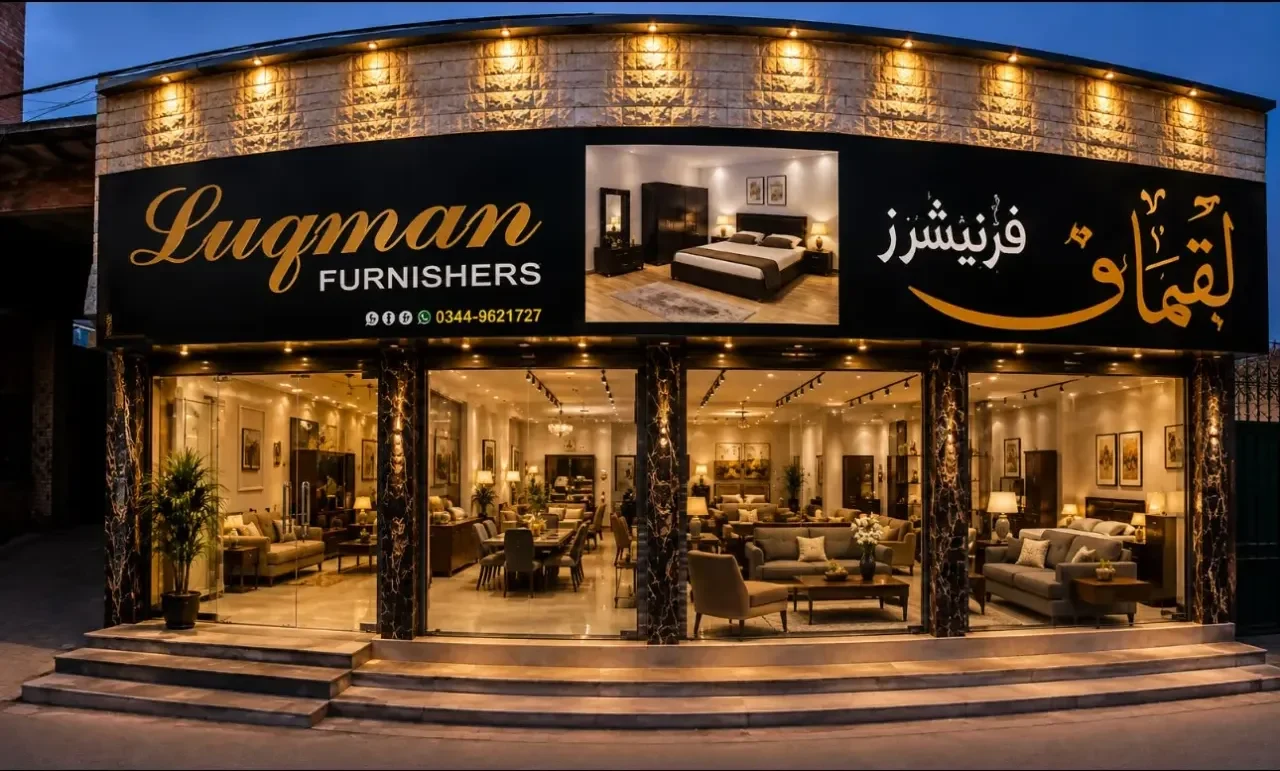 The Luqman Furnishers showroom on New Road, Mingora, lit at dusk